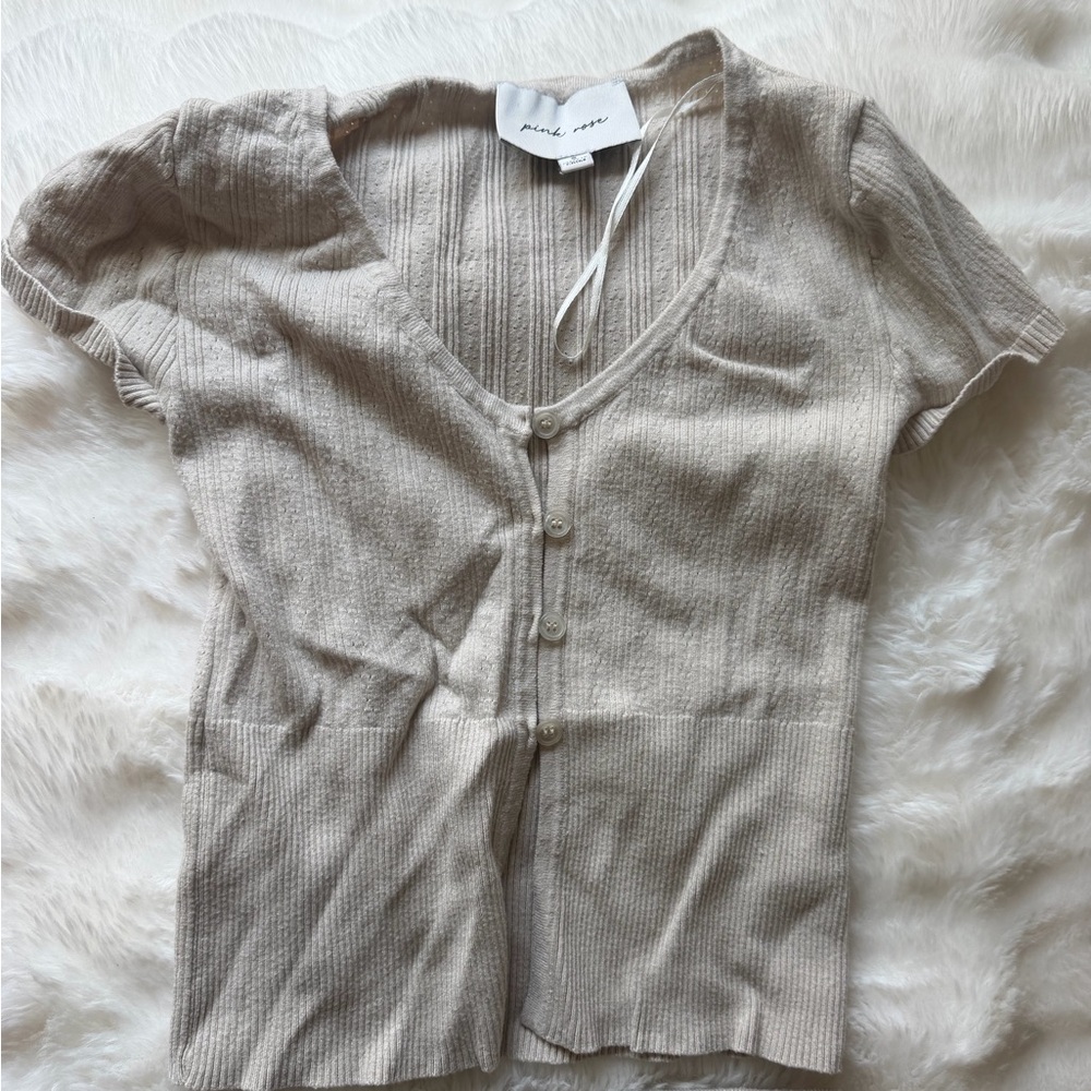 Pink Rose Beige Button-Up Top Pant Set- Lounge